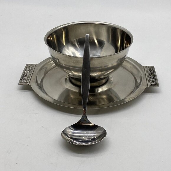Vtg Mid Century Danish Mod Sauce/Gravy Boat Stainless Steel Attchd Saucer Ladle - Picture 3 of 12